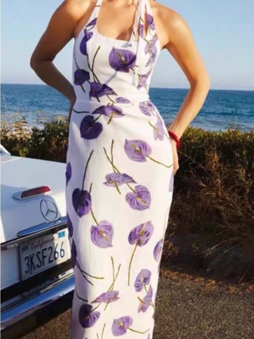Reformation White Halter Maxi Dress with Purple Floral Motif